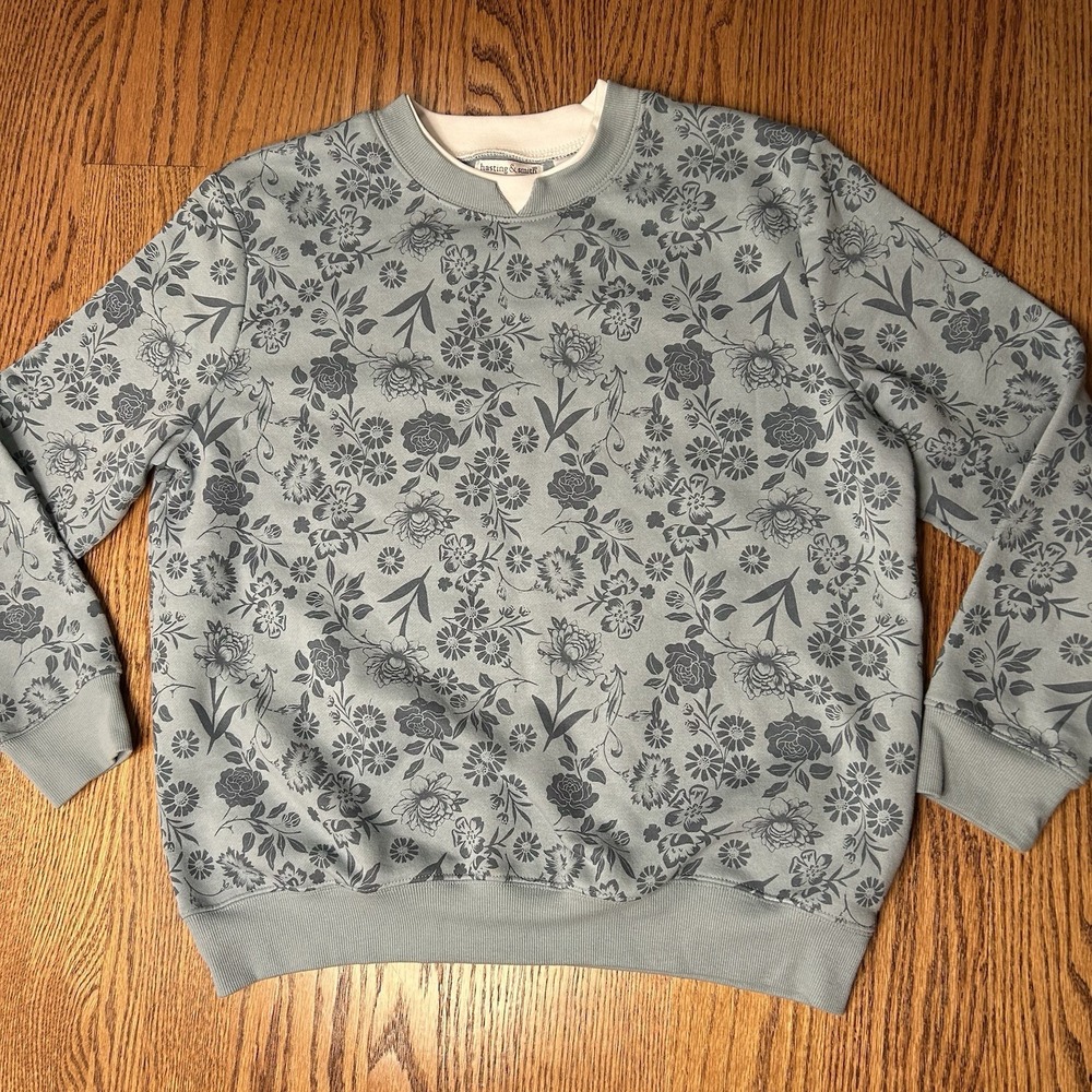Hasting Smith Women Floral Crewneck Sweatshirt Gray Blue Pullover Long Sleeve M